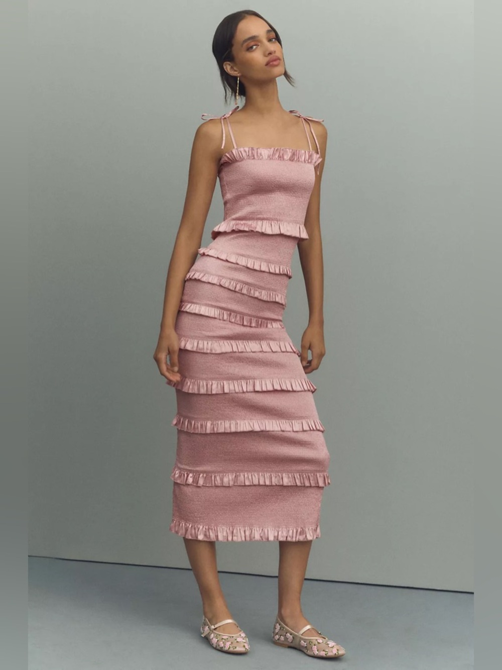 Anthropologie V. Chapman Lily Ruched & Ruffled Stretch Satin Midi Dress